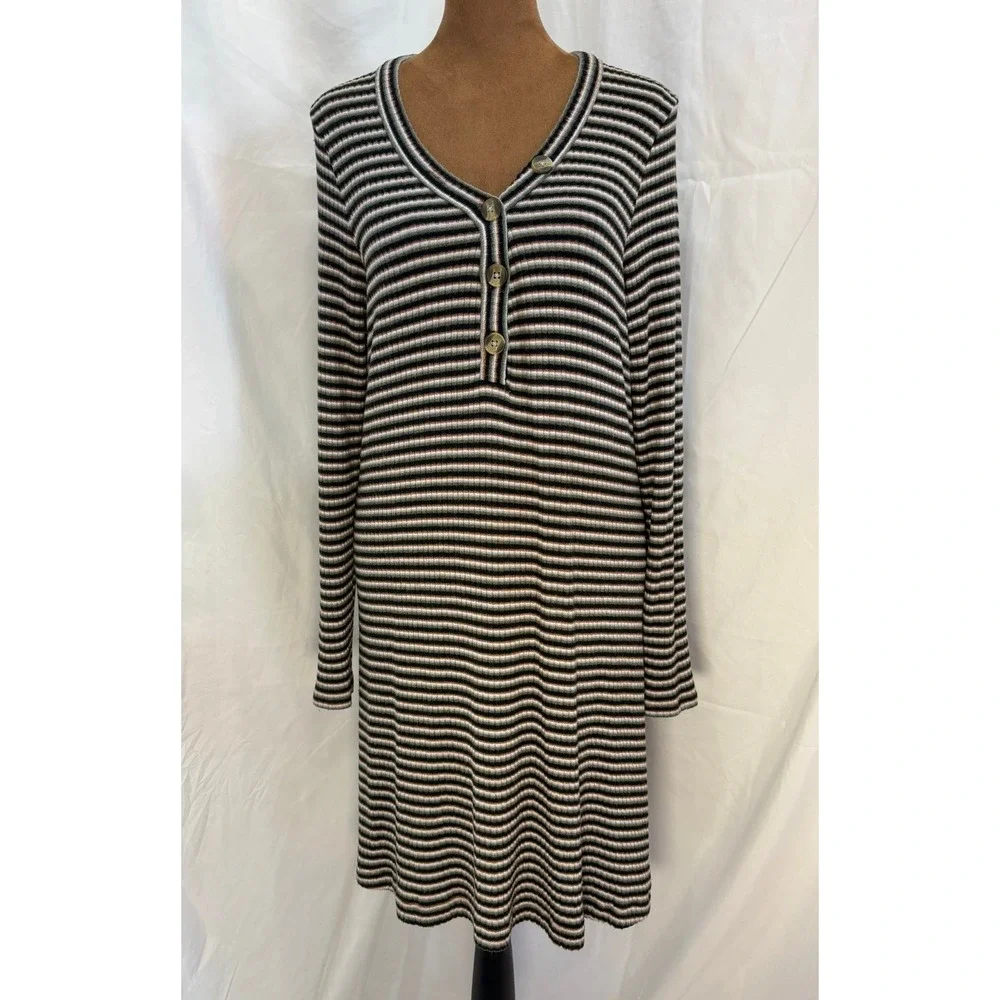 American Eagle Striped Ribbed Henley Dress Womens Large Long Sleeve V-Neck Mini